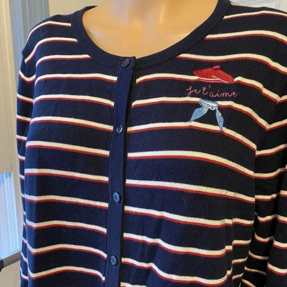 Talbots Je T’aime Women’s XLp Cotton Cardigan Sweater Blue Red White Stripes - Picture 5 of 6
